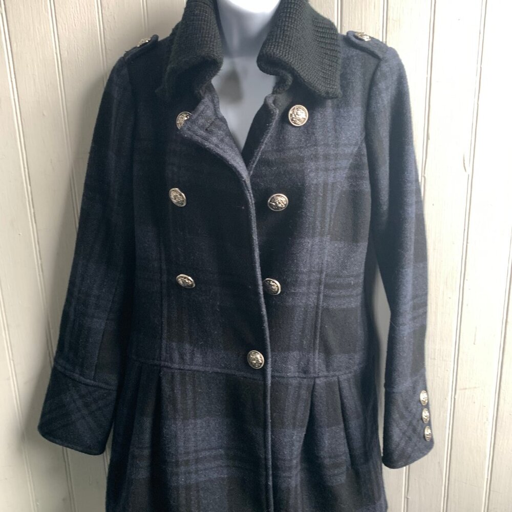 Guess Women's Blue Black Plaid Double Breast Wool Pea Coat Knit Collar Military